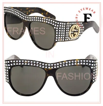Pre-owned Gucci Hollywood Forever 0144 Brown Havana Crystal Stud Sunglasses Gg0144s Unisex In Gray
