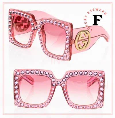 Pre-owned Gucci Hollywood Forever 0145 Pink Logo Crystal Gg0145 001 Oversized Sunglasses