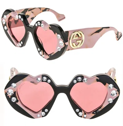 Pre-owned Gucci Hollywood Forever 1329 Black Pink Heart Crystal Sunglasses Gg1329s 001