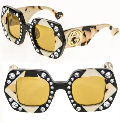 Pre-owned Gucci Hollywood Forever 1330 Black Ivory Yellow Crystal Sunglasses Gg1330s 001