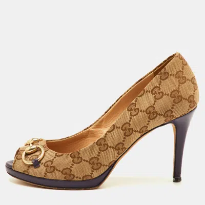 Pre-owned Gucci Hollywood Size 38 Beige/brown Gg Canvas Peep Toe Pumps In Sand