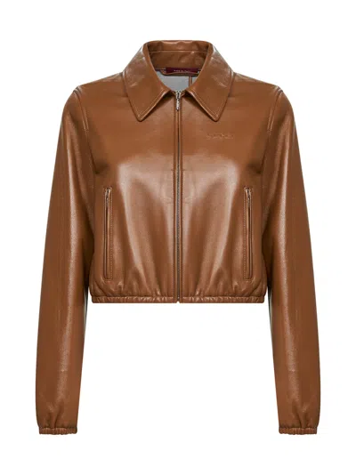 Gucci Honey Biscuit Nappa Leather Cropped Logo Jacket In Brown