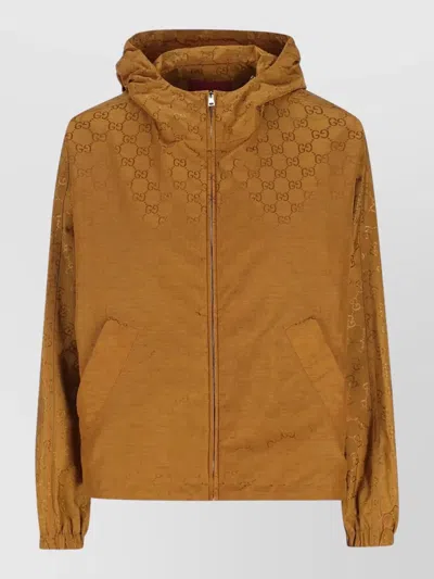 Gucci Hooded Gg Bomber Jacket Elastic Cuffs Pockets In Brown