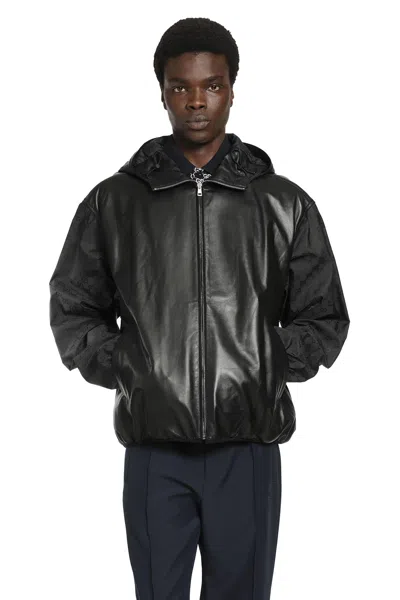Gucci Hooded Leather Bomber Jacket In Black