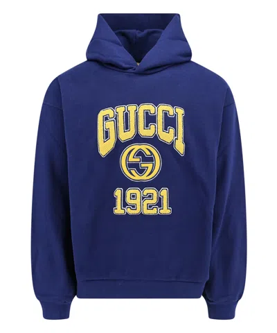 Gucci Logo刺绣棉连帽衫 In Blue