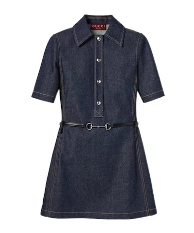 Gucci Women Denim Mini Dress With Horsebit In Blue