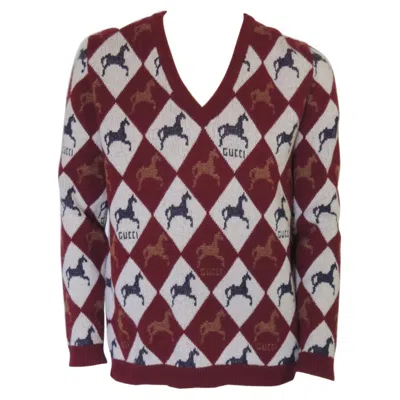Pre-owned Gucci Horse Tile Wool V-neck Logo Sweater In Black