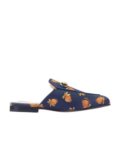 Gucci Horse Title Buckle Fruit Printed Muller Shoes In Blue