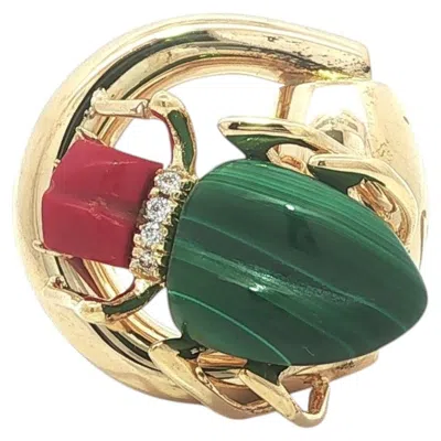 Pre-owned Gucci Horsebit 18k Yellow Gold Malachite Coral & Diamond Beetle Ring