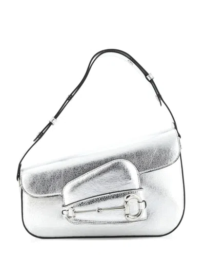 Pre-owned Gucci Horsebit 1955 Asymmetric Leather Small Shoulder Bag In Silver