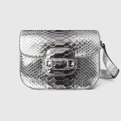 Gucci Horsebit 1955 Aura Python Mini Shoulder Bag In Silver