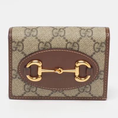 Pre-owned Gucci Horsebit 1955 Beige/brown Gg Supreme Canvas And Leather Card Case In Sand