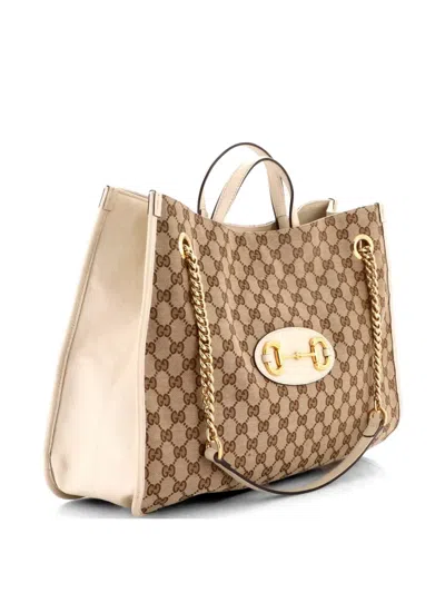 Pre-owned Gucci Horsebit 1955 Chain Gg Canvas With Leather Large Tote Bag In Brown