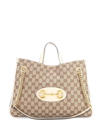 Pre-owned Gucci Horsebit 1955 Chain Gg Canvas With Leather Medium Tote Bag In Brown