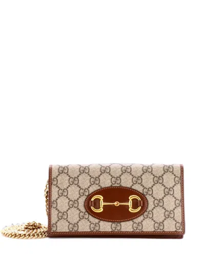 Pre-owned Gucci Horsebit 1955 Chain Wallet Gg Coated Canvas Crossbody Bag In Brown
