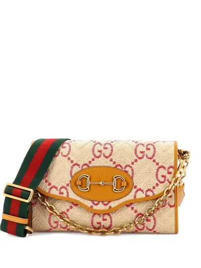 Pre-owned Gucci Horsebit 1955 Curved Flap Jumbo Gg Raffia Small Shoulder Bag In Orange