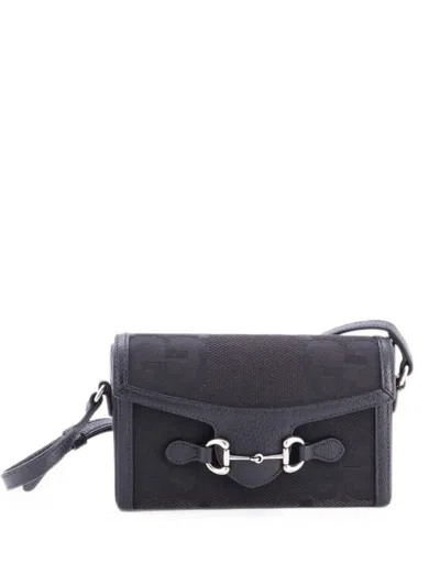 Pre-owned Gucci Horsebit 1955 Flap Jumbo Gg Canvas Mini Crossbody Bag In Black