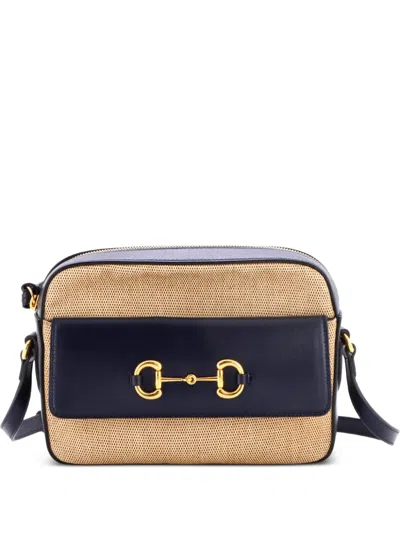 Pre-owned Gucci Horsebit 1955 Flap Pocket Camera Bag Canvas And Leather Small Crossbody Bag In Blue