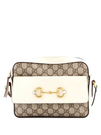 Pre-owned Gucci Horsebit 1955 Flap Pocket Camera Bag Gg Coated Canvas And Leather Small Crossbody Bag In Neutral