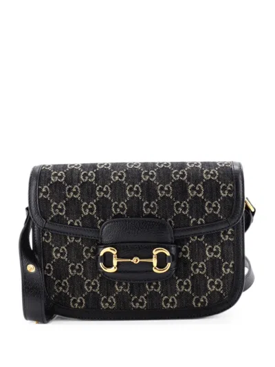 Pre-owned Gucci Horsebit 1955 Gg Denim Small Shoulder Bag In Black