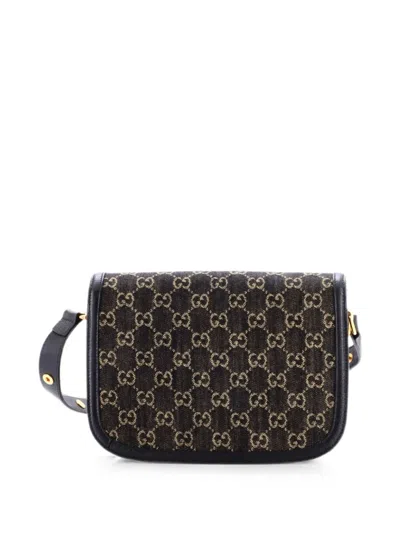 Pre-owned Gucci Horsebit 1955 Gg Denim Small Shoulder Bag In Black