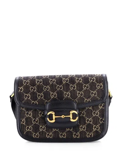 Pre-owned Gucci Horsebit 1955 Gg Denim Small Shoulder Bag In Black