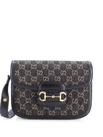 Pre-owned Gucci Horsebit 1955 Gg Denim Small Shoulder Bag In Black