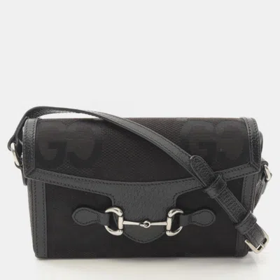 Pre-owned Gucci Horsebit 1955 Jumbo Gg Black Canvas Leather Shoulder Bag