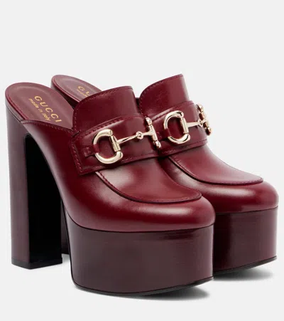 Gucci Horsebit 1955 Leather Platform Mules In Burgundy