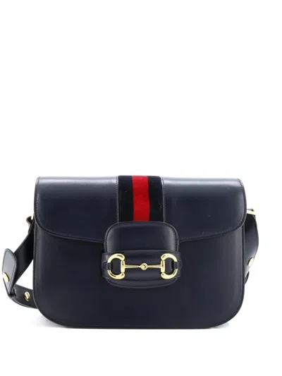 Pre-owned Gucci Horsebit 1955 Leather With Web Velvet Detail Small Shoulder Bag In Blue