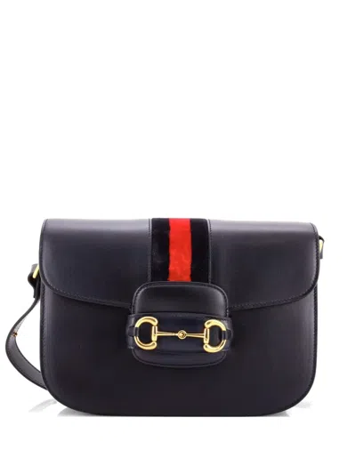 Pre-owned Gucci Horsebit 1955 Leather With Web Velvet Detail Small Shoulder Bag In Blue