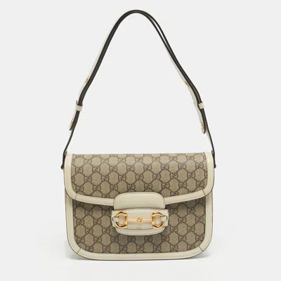 Pre-owned Gucci Horsebit 1955 Medium White/beige Gg Supreme Canvas Flap Shoulder Bag