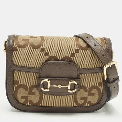 Pre-owned Gucci Horsebit 1955 Mini Brown Gg Jumbo Canvas And Leather Crossbody Bag