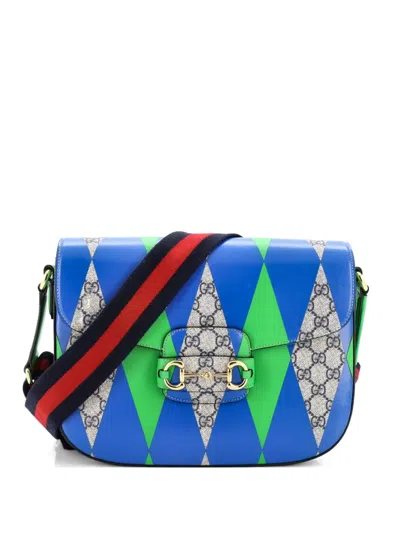 Pre-owned Gucci Horsebit 1955 Printed Gg Coated Canvas Large Shoulder Bag In Blue