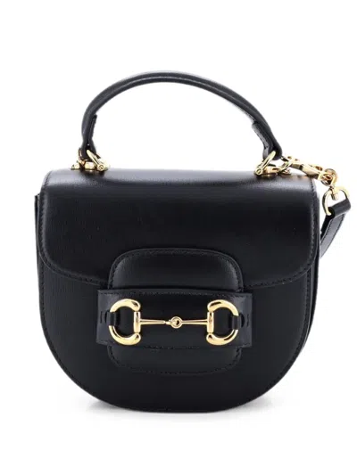 Pre-owned Gucci Horsebit 1955 Rounded Top Handle Bag Leather Mini Crossbody Bag In Black
