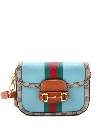Pre-owned Gucci Horsebit 1955 Shoulder Bag Leather With Gg Coated Canvas Mini Crossbody Bag In Blue