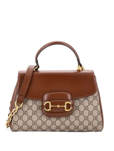 Pre-owned Gucci Horsebit 1955 Top Handle Flap Bag Gg Coated Canvas And Leather Medium Satchel In Brown