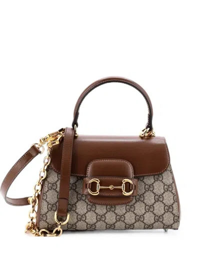 Pre-owned Gucci Horsebit 1955 Top Handle Flap Bag Gg Coated Canvas And Leather Mini Satchel In Brown