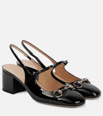 Gucci Horsebit 55 Patent Leather Slingback Pumps In Black
