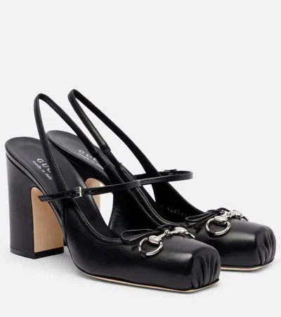 Gucci Horsebit 90 Leather Slingback Pumps In Black