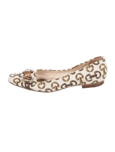 Pre-owned Gucci Horsebit Accent Canvas Ballet Flats In Neutral