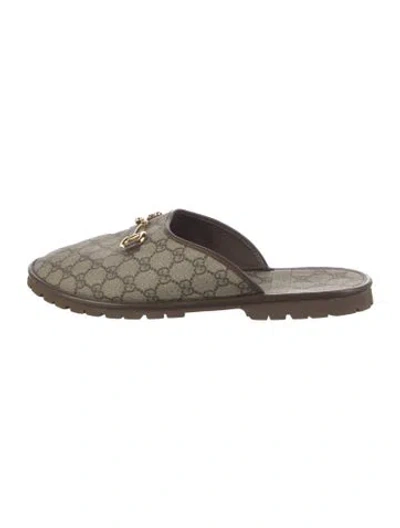 Pre-owned Gucci Horsebit Accent Canvas Slides In Brown