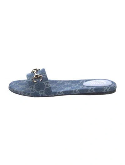 Pre-owned Gucci Horsebit Accent Denim Slides In Blue