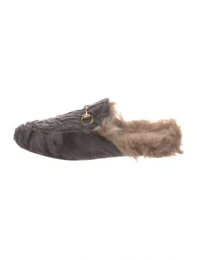 Pre-owned Gucci Horsebit Accent Faux Fur Mules In Gray