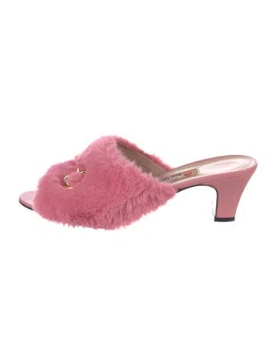 Pre-owned Gucci Horsebit Accent Faux Fur Mules In Pink