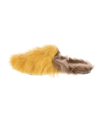 Pre-owned Gucci Horsebit Accent Fur Mules In Yellow