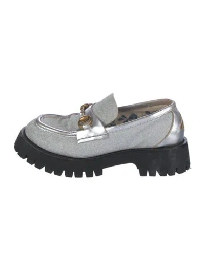 Pre-owned Gucci Horsebit Accent Glitter Loafers In Silver