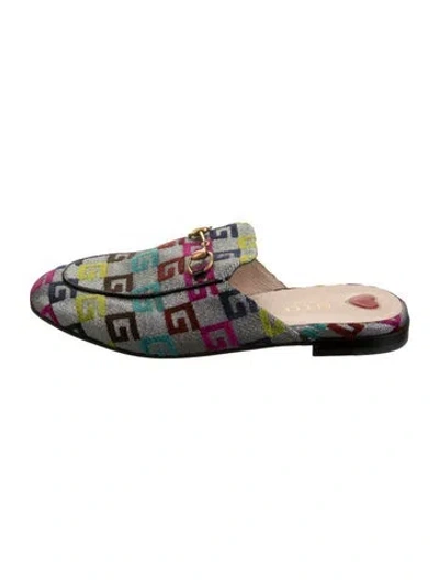 Pre-owned Gucci Horsebit Accent Graphic Print Mules In Metallic/silver