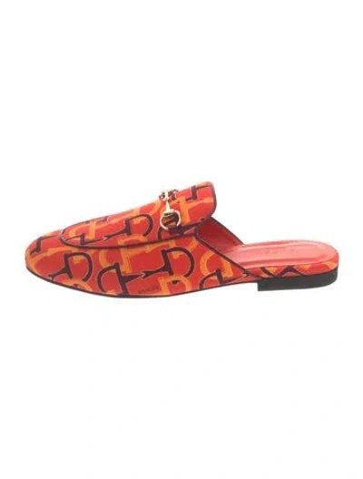 Pre-owned Gucci Horsebit Accent Graphic Print Mules In Orange/red