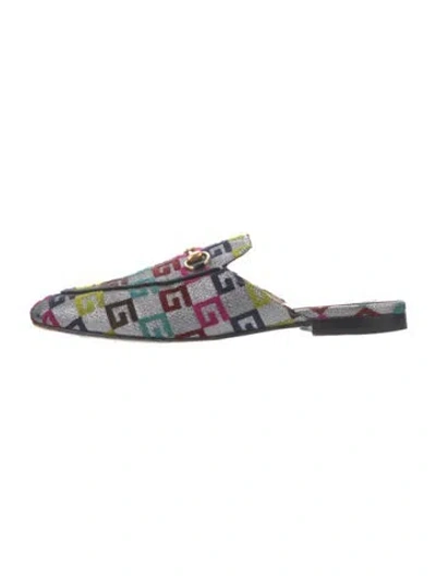 Pre-owned Gucci Horsebit Accent Graphic Print Mules In Silver